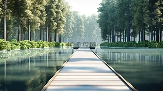 池边小路，一条悬浮在水面上的混凝土走道，可欣赏田园诗般的森林景观 3D 渲染