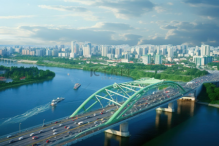 交通绿色背景图片_河上的绿色桥梁周围交通繁忙