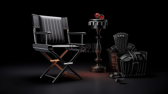 探索黑色背景下导演椅拍板和扩音器的电影行业 3D 渲染