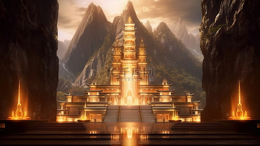 树木插画背景背景图片_雄伟的寺庙坐落在群山之中，在令人惊叹的 3D 全景中散发着光芒