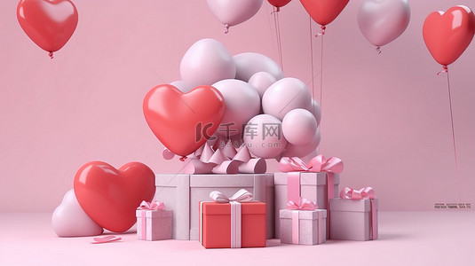 粉红色主题 3D 渲染爱心气球礼品盒和情人节浪漫背景