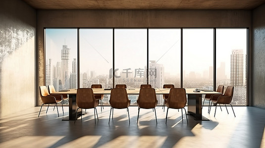 明亮宽敞的会议厅的 3d 渲染，配有木制家具灰色墙壁混凝土地板，从大窗户可以欣赏到全景城市景观