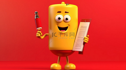 3D 渲染金色奖杯吉祥物，黄色背景获奖者配有红色剪贴板纸和铅笔