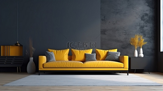 当代客厅设计模型，配有黄色沙发，搭配简约的深灰色墙壁 3D 渲染