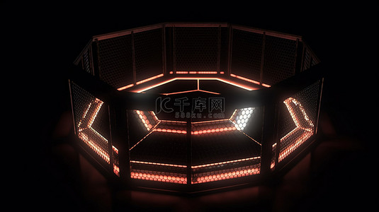 黑色背景上照亮的 MMA 八边形的战斗之夜 3D 插图