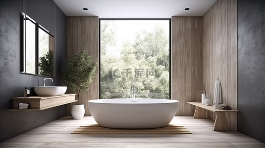 浴室雨珠背景图片_现代白色浴室，以令人惊叹的 3D 渲染中的木材和石材元素为特色