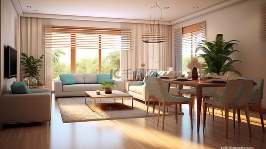家庭或公寓中的起居和用餐空间的 3D 渲染