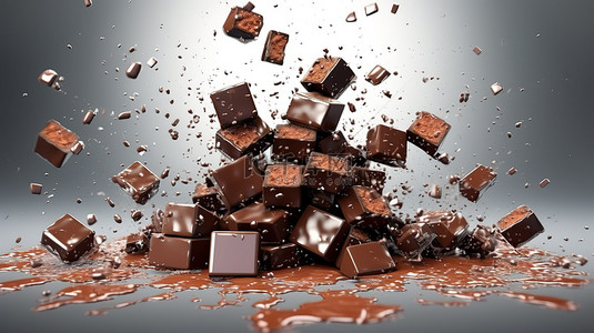 3D 插图将巧克力块层叠到一堆颓废的巧克力上