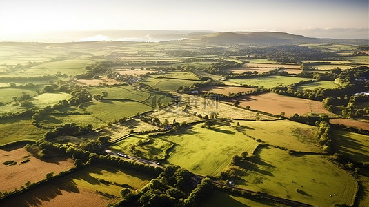 从上面看英国乡村郁郁葱葱的树木和草地的 3D 渲染