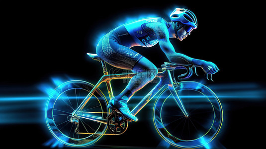 运动骑背景图片_霓虹蓝色全息图赛车中骑自行车者在自行车比赛中的 3D 插图，具有侧视图和复制空间