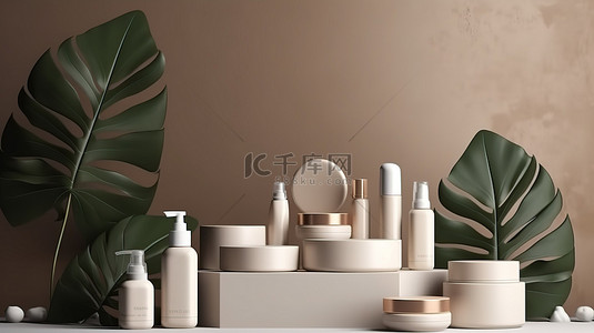 产品背景墙背景背景图片_使用以讲台墙背景和植物为特色的 3D 渲染化妆品模型展示您的产品