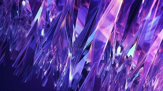 3D 紫色水晶由反射和折射照亮，背景覆盖图案