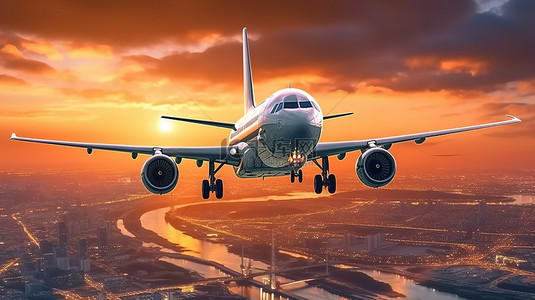 令人惊叹的 3D 插图，展示一架商用飞机在风景优美的日落上方翱翔