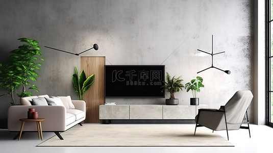 现代客厅配有电视柜扶手椅灯桌花和植物在混凝土墙上 3D 渲染图像