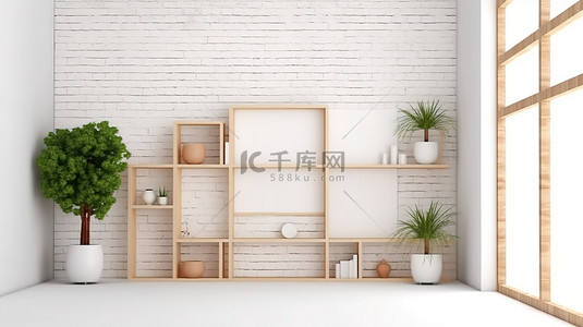 电视墙壁画背景图片_在精美框架的室内场景中白色和木桌的 3D 渲染