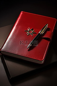 卡片红色背景图片_红色皮革日记笔和记事本