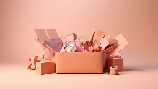 物品移动背景图片_一个宽敞的包裹盒的 3d 渲染，展示了一个购物袋礼品盒和各种物品