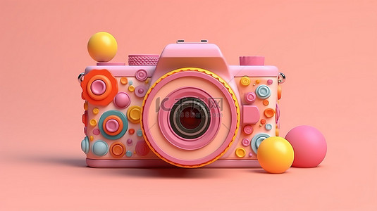 粉红色背景上充满活力的孟菲斯图案包围的老式相机的 3D 渲染