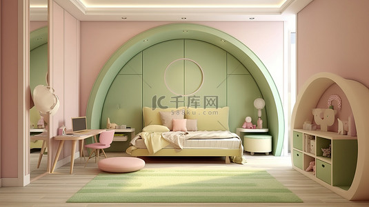 开心果和粉红色主题儿童房将卧室和游乐区与美丽的拱门 3D 渲染结合在一起