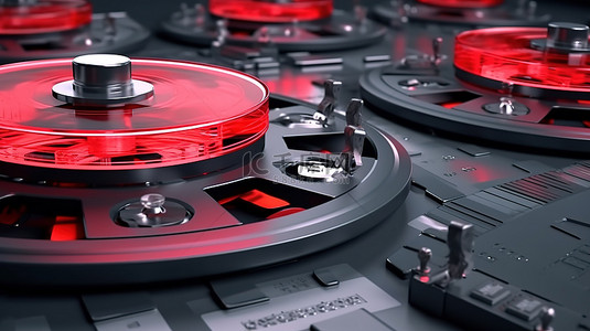 红色转盘的 3D 渲染与幻灯片卷轴展示了在线电影的未来