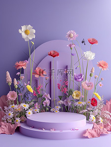 电商背景紫色背景图片_春天花朵电商展台紫色背景