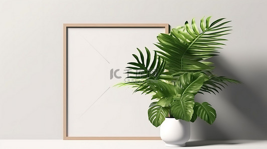 链条斜挎包背景图片_带棕榈叶阴影的白墙上模拟空白海报框架的 3D 插图