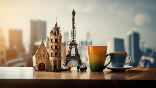 世界咖啡背景图片_地标建筑物咖啡杯微缩景观立体3d广告背景