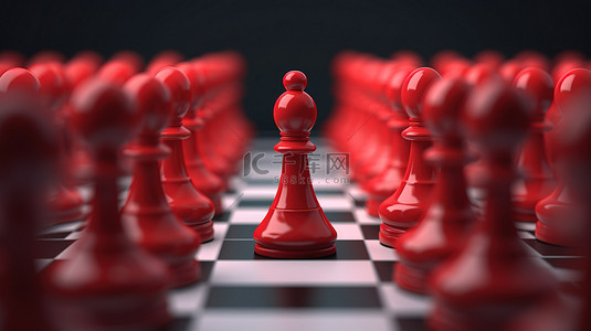 红色的国际象棋背景图片_红色国际象棋棋子的概念 3D 插图体现独特个性并从人群中脱颖而出