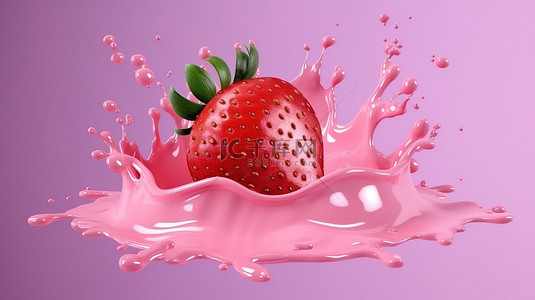 溅粉红色草莓奶滴产生的 3D 渲染波纹效果