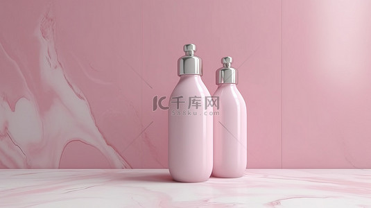 奶瓶可爱背景图片_粉红色墙壁上婴儿奶瓶的 3D 渲染，铺有大理石地板