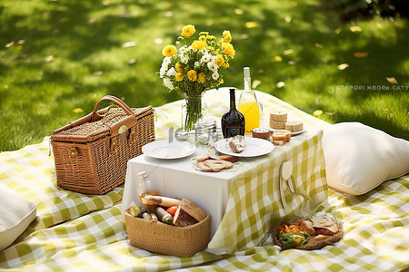 阳光明媚的一天，在公园野餐，提供食物饮料和一些白色椅子