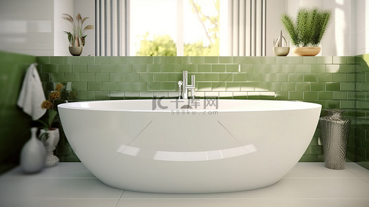 老年人拍照背景图背景图片_浴室中配有橄榄绿几何瓷砖的当代白色浴缸的极端特写 3D 渲染