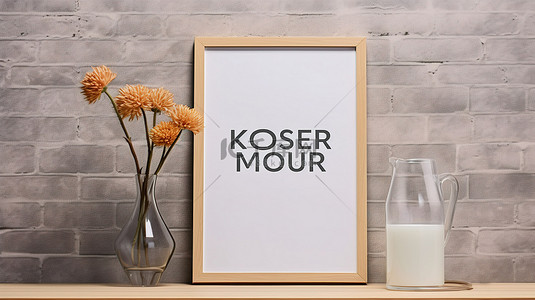 水泥阁楼墙壁背景上的花瓶和海报框架模型，带白色桌子 3D 渲染