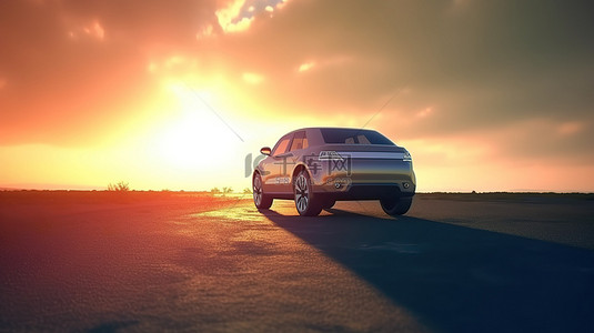 在风景优美的道路上向太阳加速行驶的汽车 3D 渲染非常适合汽车产品广告
