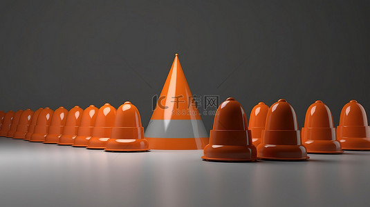 橙色头盔交通锥和建筑围栏在灰色背景上的 3D 渲染