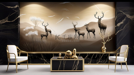 现代墙框，配有 3D 绘画艺术壁画，以金色黑色羽毛和鹿为特色，衬托出令人惊叹的景观