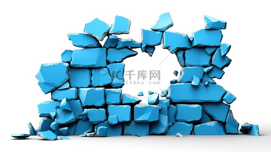 破裂的蓝色屏障独立站立在白色背景 3d 渲染
