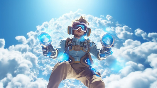 一名男子在天空中盘旋，配备游戏装备，准备探索虚拟宇宙 3D 渲染插图
