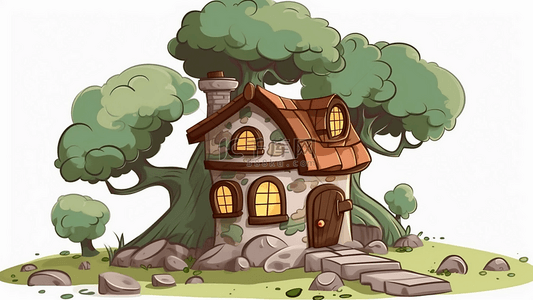 卡通房子绿树房屋背景