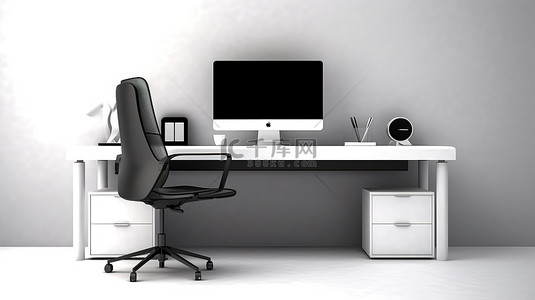 时尚简约的办公工作区，配有 PC 电脑白色椅子和特写 3D 渲染