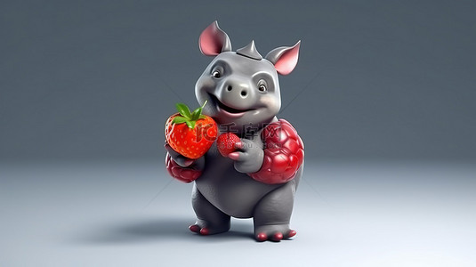 头像卡通动物背景图片_有趣的犀牛头像抓着多汁的草莓