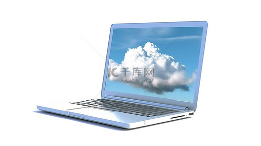 云计算概念笔记本电脑在白色背景 3D 渲染上隔离的蓬松云彩中