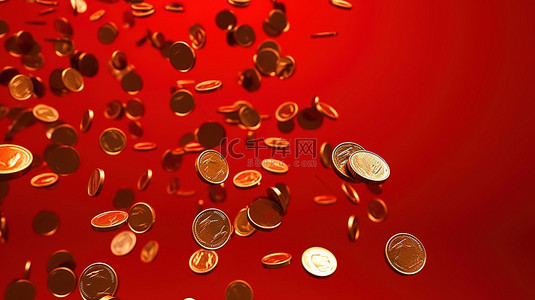 将金币扔在充满活力的红色背景上，通过 3D 渲染描绘金融银行和商业概念