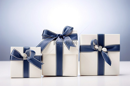 三个带蓝丝带和白色蝴蝶结的礼品盒