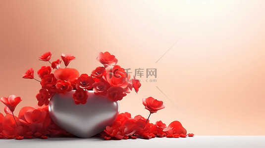 情人节快乐3D渲染红花爱情背景