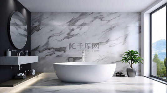 时尚奢华的浴室室内设计，采用抽象墙壁艺术和 3D 渲染的大理石地板