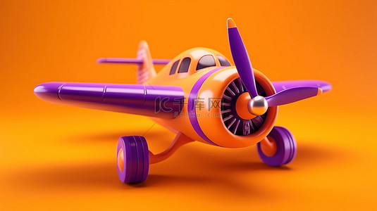 活力可爱背景图片_带单螺旋桨的充满活力的橙色玩具飞机在紫色背景下翱翔 3d 渲染的儿童游戏宝藏