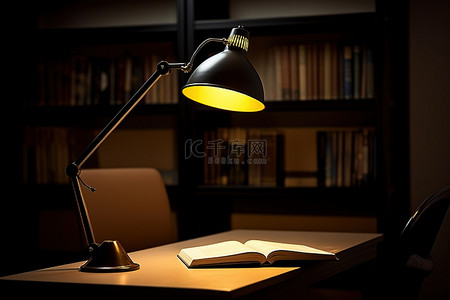 桌子上放着一盏灯，旁边有一本书和书柜