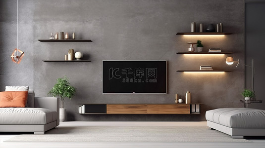 现代电视背景背景图片_现代电视柜，配有架子，位于时尚的灰色客厅 3D 渲染中