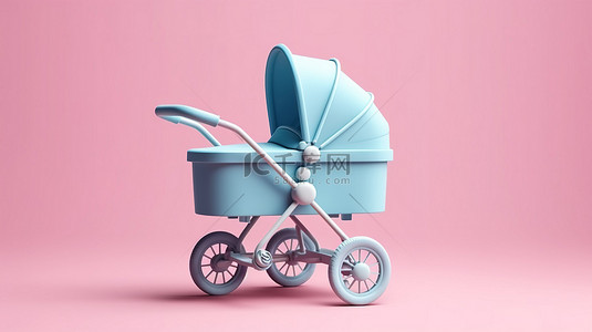粉红色背景上时尚的蓝色婴儿车婴儿车和婴儿车高品质 3D 模型